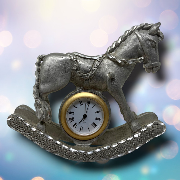 Vtg Spoontiques Pewter Miniature Rocking Horse Clock Japan Novelty New Battery - Picture 1 of 7